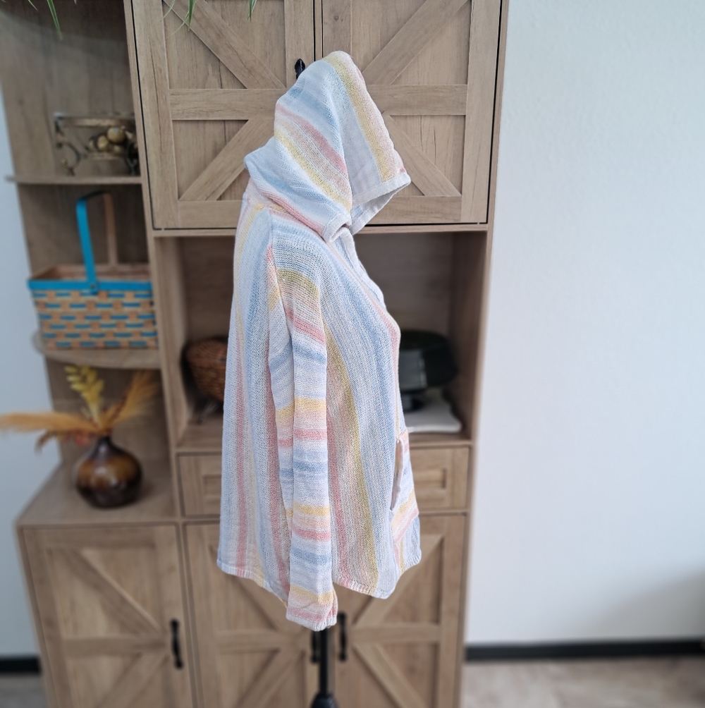 Bucees Knit Hooded Sweater Pastel Colors Striped V-Neck Long Sleeve Beachy Boho - Picture 10 of 12